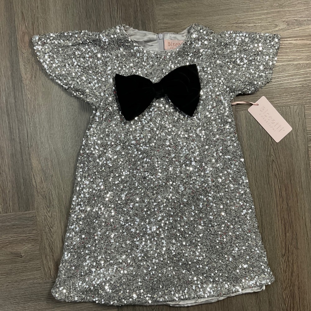 NWT Biscotti Collection Sequin Velvet Bow Party Dress Girls 5 Silver Black Fancy